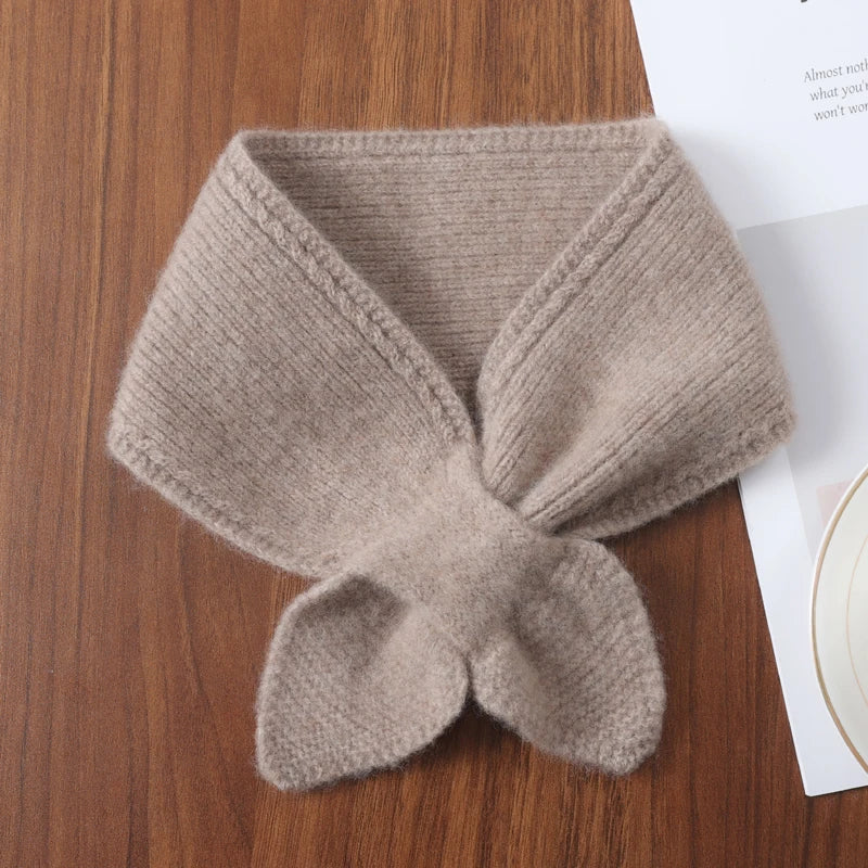 100%Wool Ring Scarf For Women Winter Bow Tie Small Cross Scarves Korea Fashion Fake Collar Soft Warm Neckchief Girl 14x70cm