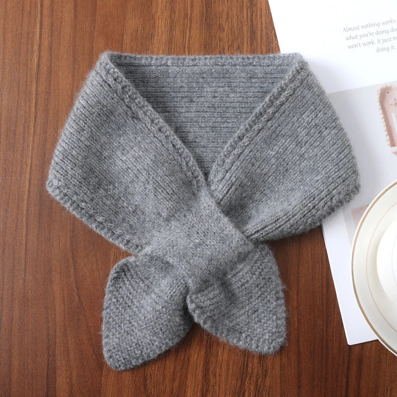 100%Wool Ring Scarf For Women Winter Bow Tie Small Cross Scarves Korea Fashion Fake Collar Soft Warm Neckchief Girl 14x70cm