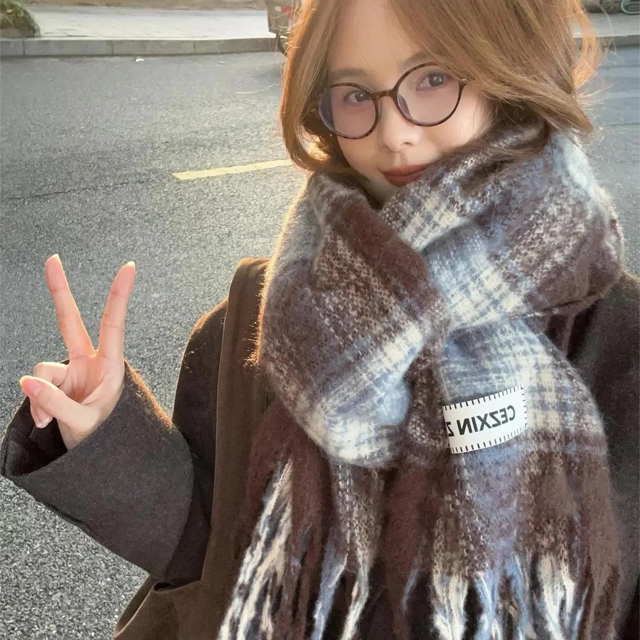 Purple Plaid Scarf Women's Autumn and Winter Korean Atmosphere Thickened and Kept Warm High-end Scarf Shawl Tide