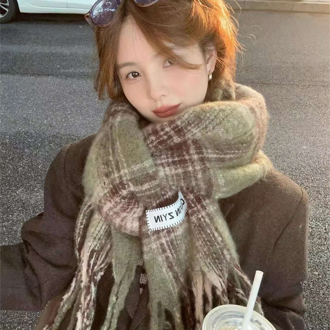 Purple Plaid Scarf Women's Autumn and Winter Korean Atmosphere Thickened and Kept Warm High-end Scarf Shawl Tide