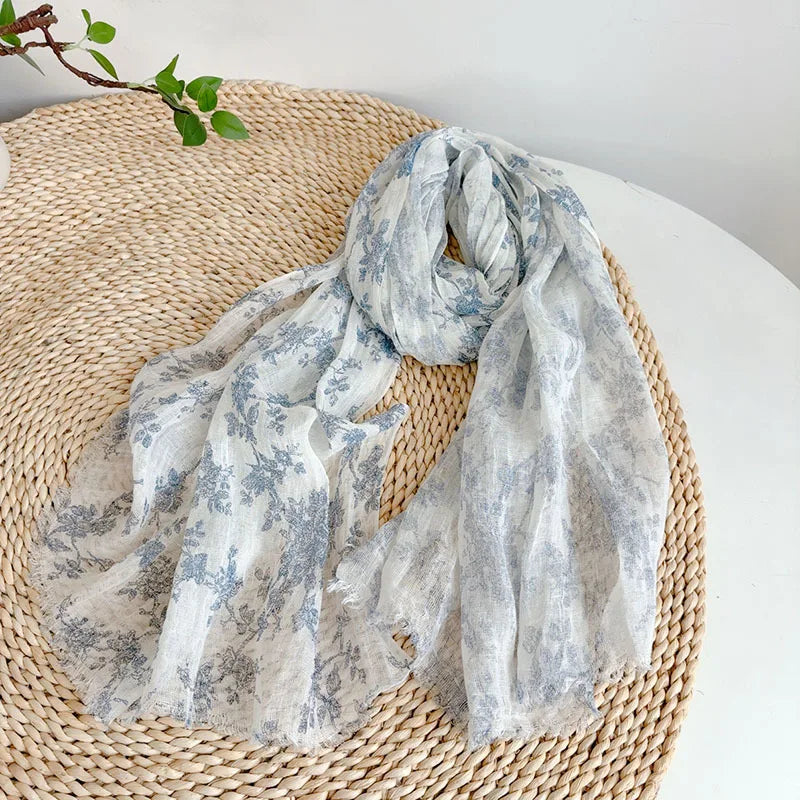100% linen elegant printed spring/summer/autumn thin neck protection and sun protection women's scarf