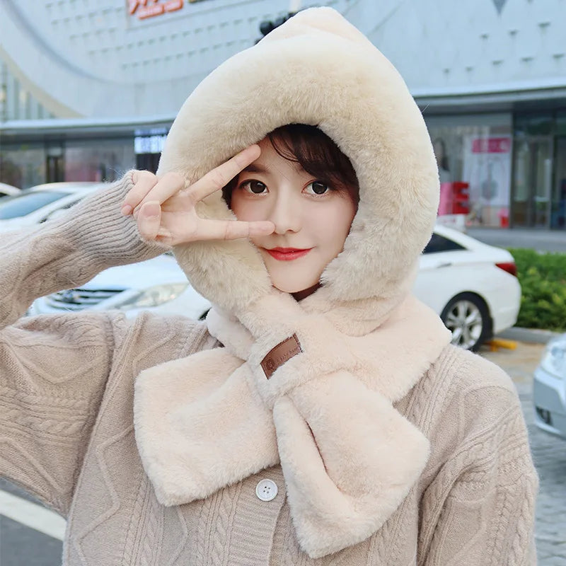 1 Piece of Winter New Hat Scarf One-piece Plush Hat for Women Cycling, Thickened and Plush Ear Protection, Cross Neck Warm Hat
