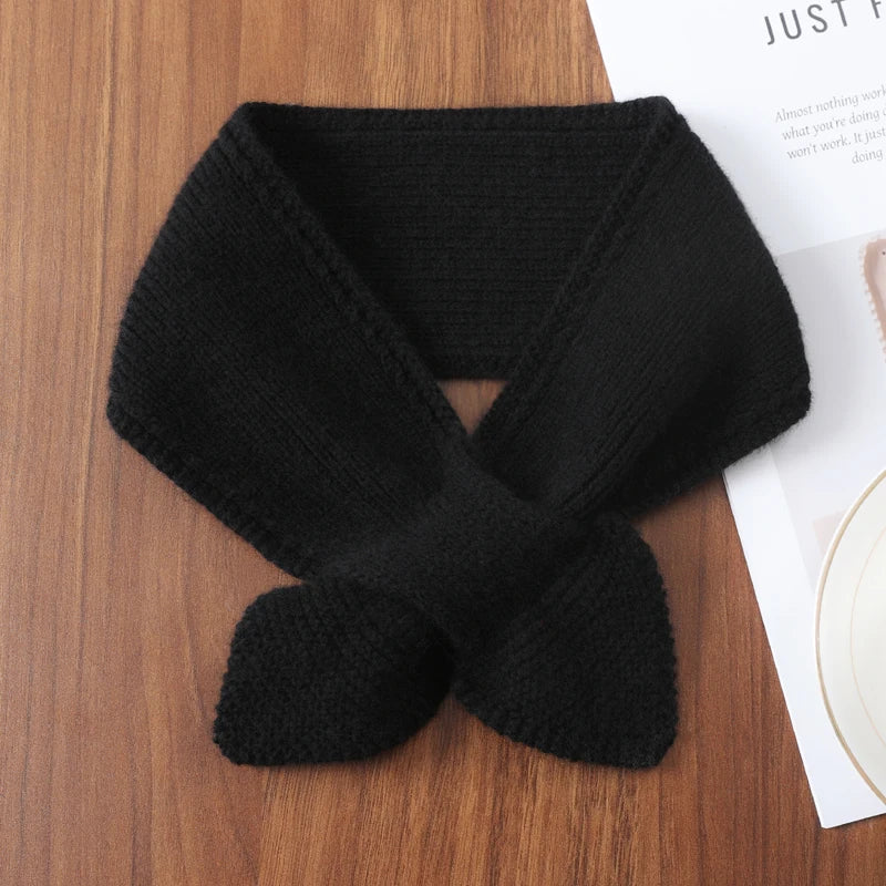100%Wool Ring Scarf For Women Winter Bow Tie Small Cross Scarves Korea Fashion Fake Collar Soft Warm Neckchief Girl 14x70cm