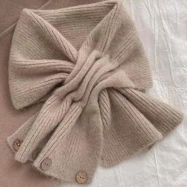 Autumn and Winter Cross Knitted Scarf Short Women's Scarf Korean Edition Color blocked Scarf Winter Warm Button Neck Cover