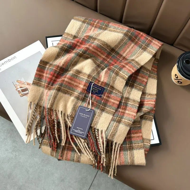 Autumn and winter classic checkered print high-end scarf with ins style for couples, Australian imitation wool texture warmscarf