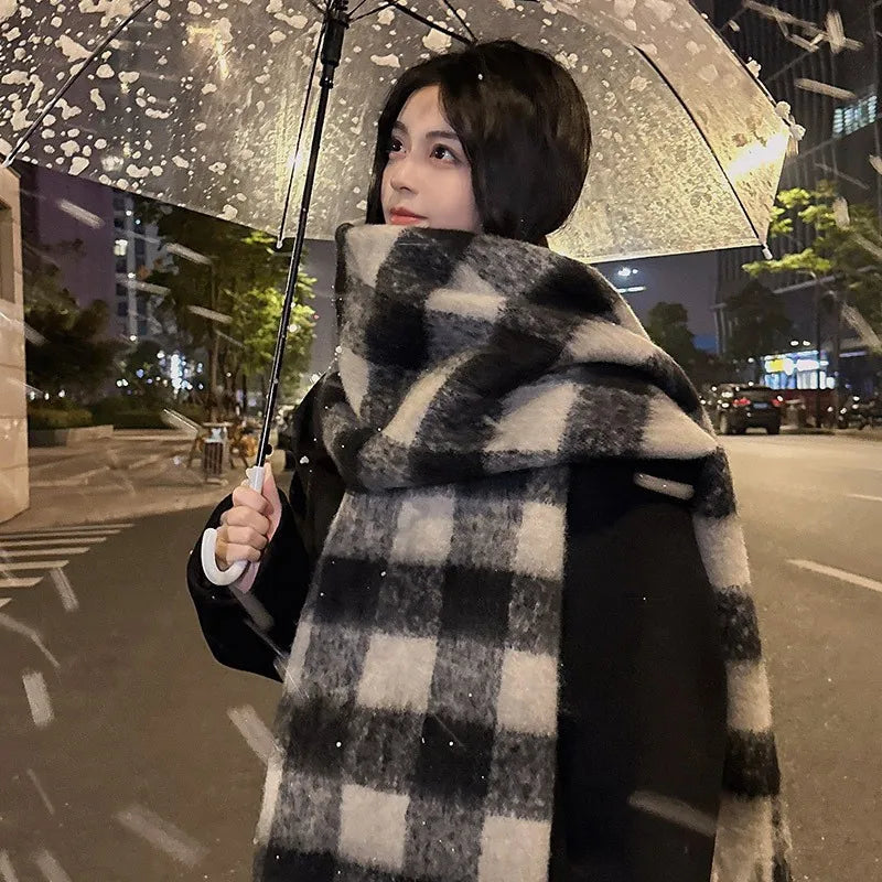 Purple Plaid Scarf Women's Autumn and Winter Korean Atmosphere Thickened and Kept Warm High-end Scarf Shawl Tide