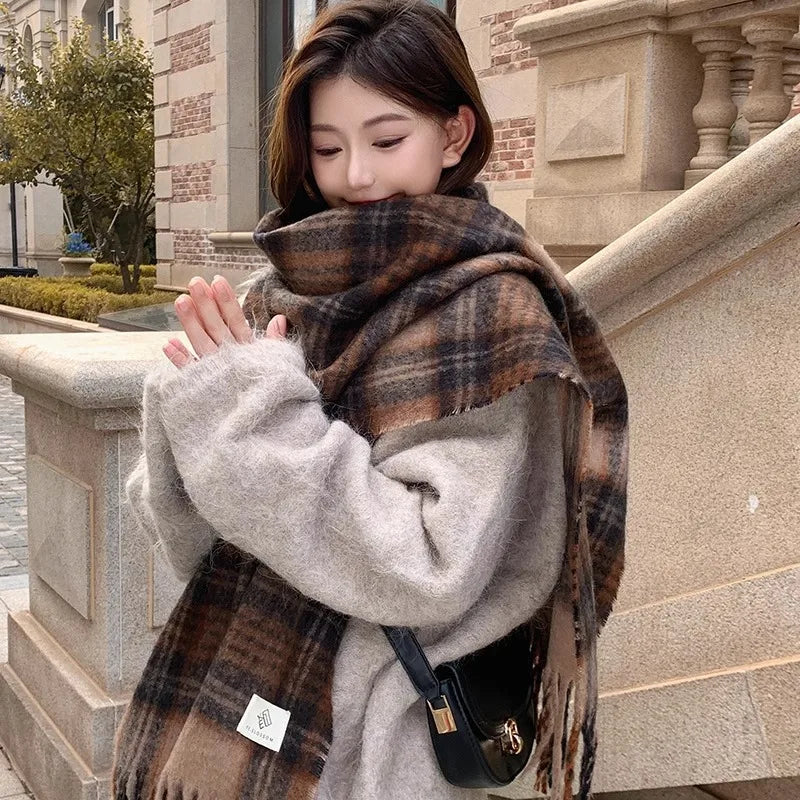 Purple Plaid Scarf Women's Autumn and Winter Korean Atmosphere Thickened and Kept Warm High-end Scarf Shawl Tide