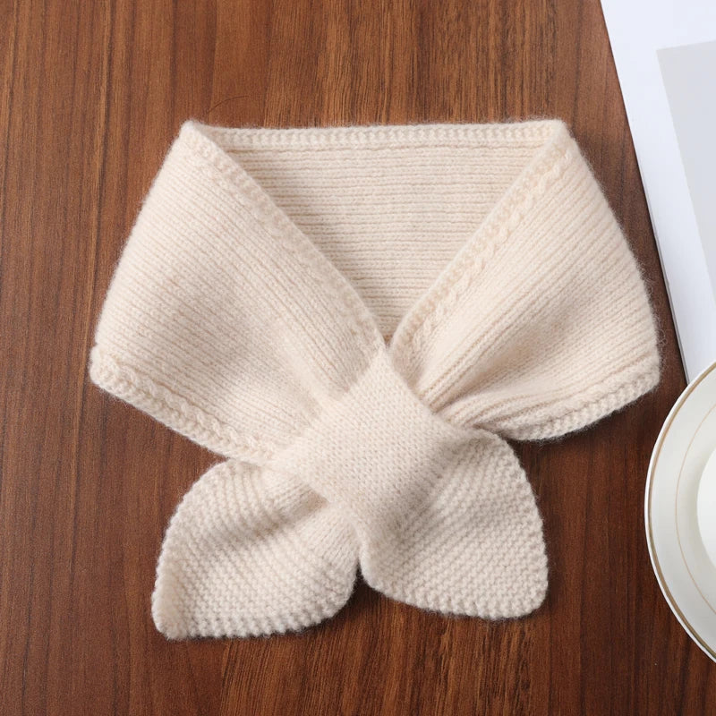 100%Wool Ring Scarf For Women Winter Bow Tie Small Cross Scarves Korea Fashion Fake Collar Soft Warm Neckchief Girl 14x70cm