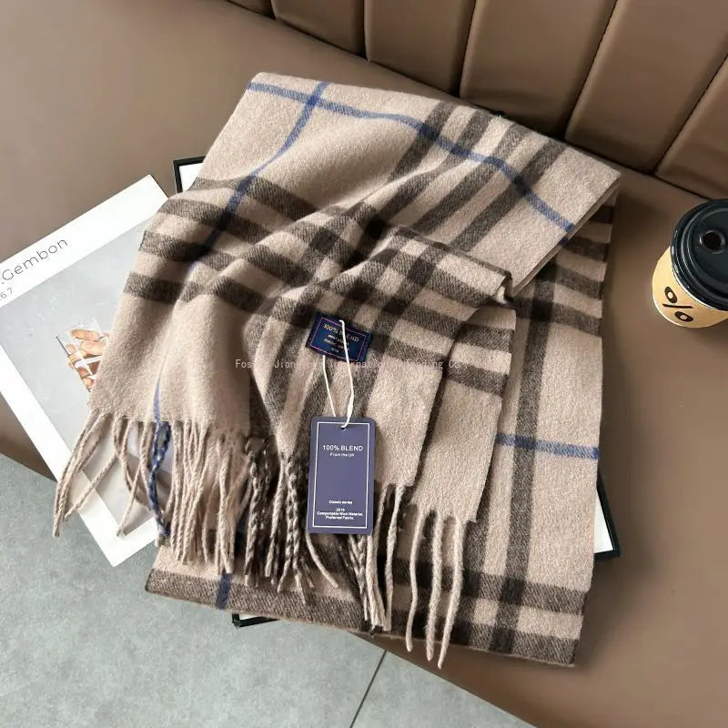 Autumn and winter classic checkered print high-end scarf with ins style for couples, Australian imitation wool texture warmscarf