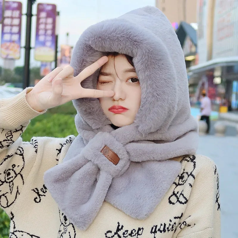 1 Piece of Winter New Hat Scarf One-piece Plush Hat for Women Cycling, Thickened and Plush Ear Protection, Cross Neck Warm Hat