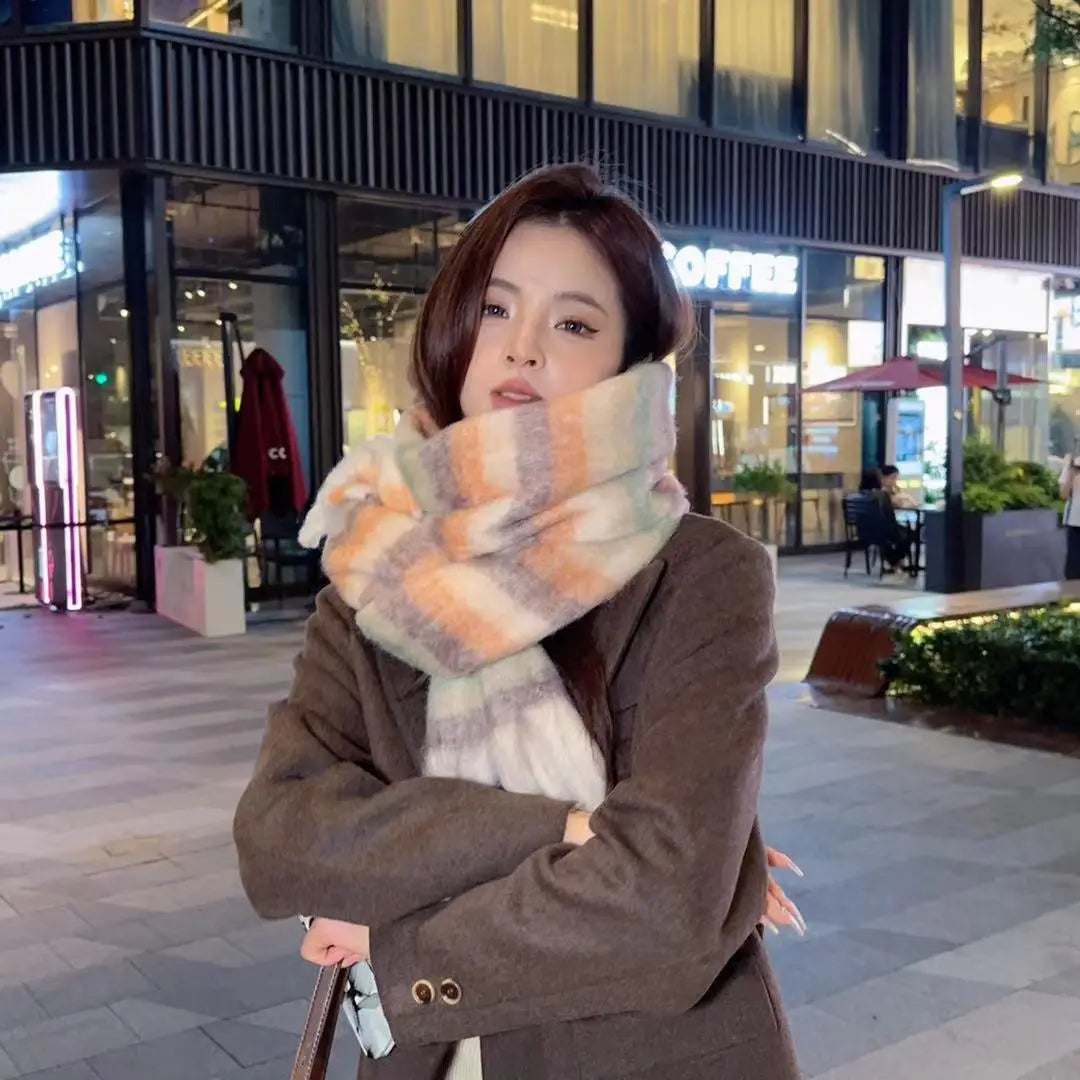 Purple Plaid Scarf Women's Autumn and Winter Korean Atmosphere Thickened and Kept Warm High-end Scarf Shawl Tide
