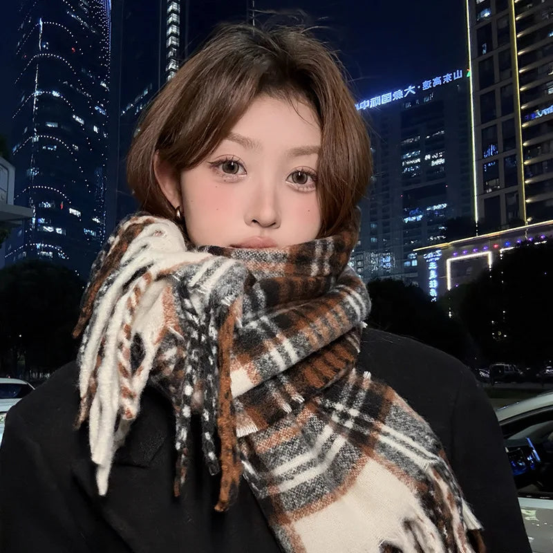 Purple Plaid Scarf Women's Autumn and Winter Korean Atmosphere Thickened and Kept Warm High-end Scarf Shawl Tide