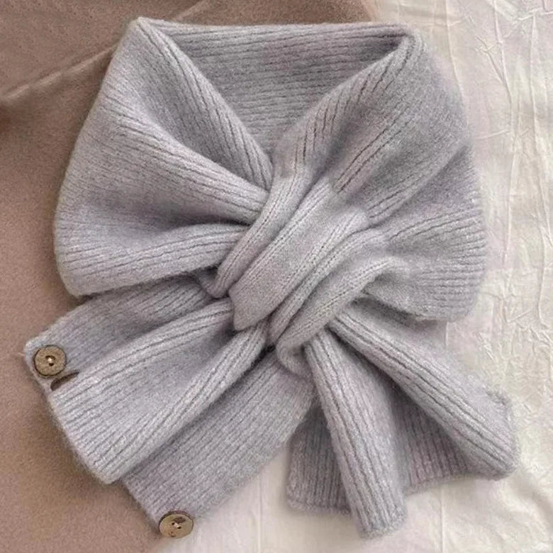 Autumn and Winter Cross Knitted Scarf Short Women's Scarf Korean Edition Color blocked Scarf Winter Warm Button Neck Cover