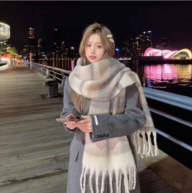 Purple Plaid Scarf Women's Autumn and Winter Korean Atmosphere Thickened and Kept Warm High-end Scarf Shawl Tide