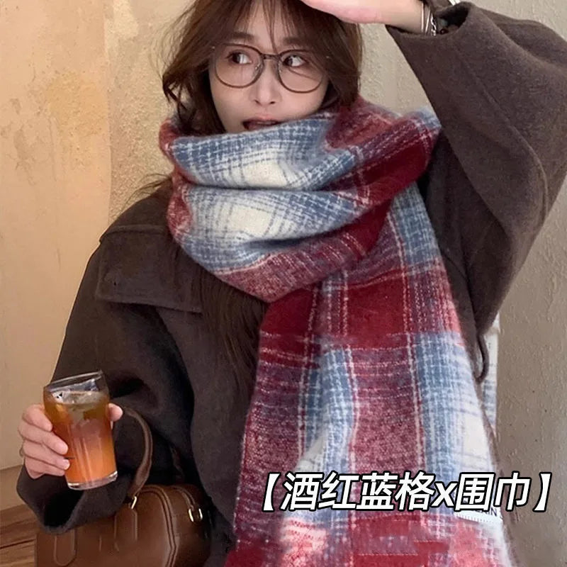 Purple Plaid Scarf Women's Autumn and Winter Korean Atmosphere Thickened and Kept Warm High-end Scarf Shawl Tide