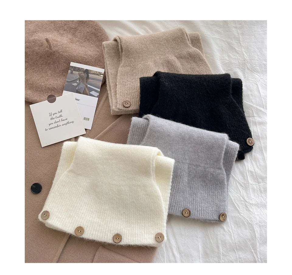Autumn and Winter Cross Knitted Scarf Short Women's Scarf Korean Edition Color blocked Scarf Winter Warm Button Neck Cover