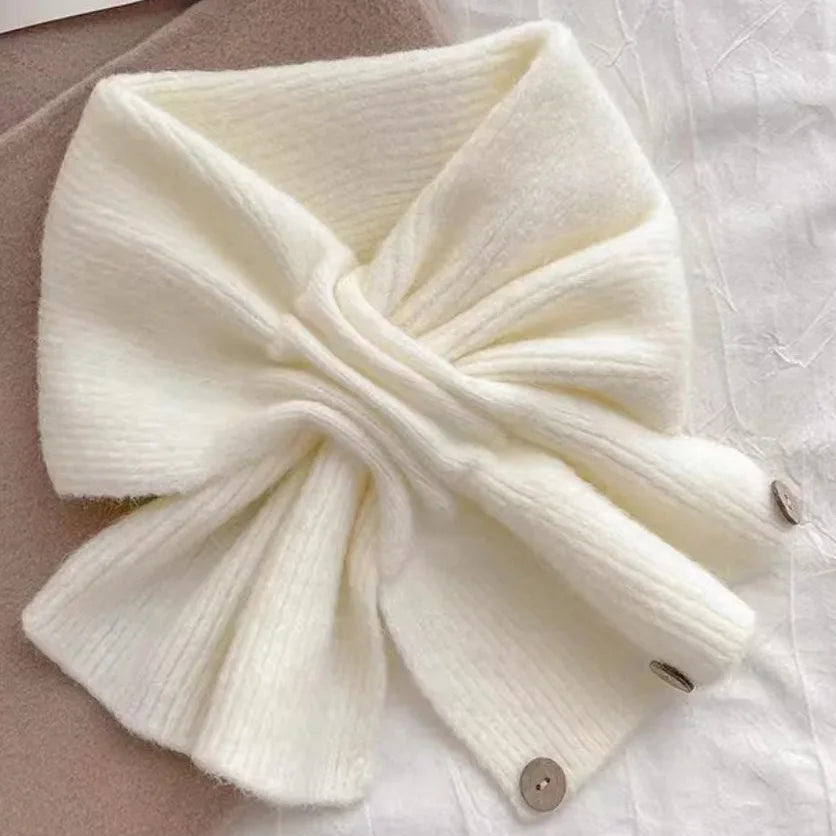 Autumn and Winter Cross Knitted Scarf Short Women's Scarf Korean Edition Color blocked Scarf Winter Warm Button Neck Cover
