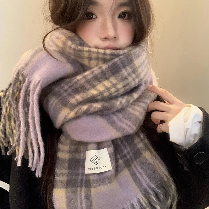 Purple Plaid Scarf Women's Autumn and Winter Korean Atmosphere Thickened and Kept Warm High-end Scarf Shawl Tide