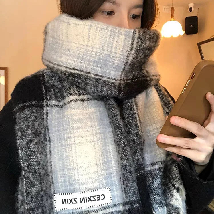 Purple Plaid Scarf Women's Autumn and Winter Korean Atmosphere Thickened and Kept Warm High-end Scarf Shawl Tide