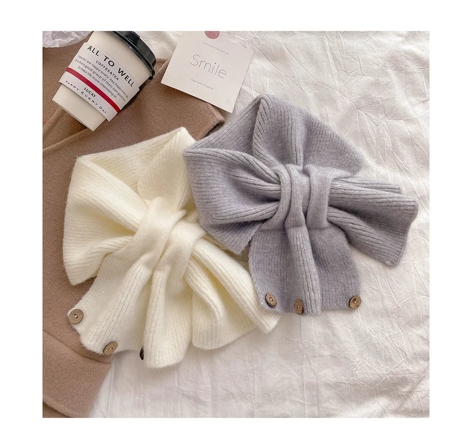 Autumn and Winter Cross Knitted Scarf Short Women's Scarf Korean Edition Color blocked Scarf Winter Warm Button Neck Cover