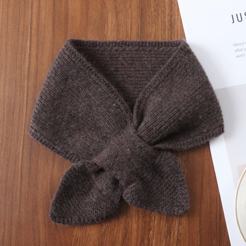 100%Wool Ring Scarf For Women Winter Bow Tie Small Cross Scarves Korea Fashion Fake Collar Soft Warm Neckchief Girl 14x70cm