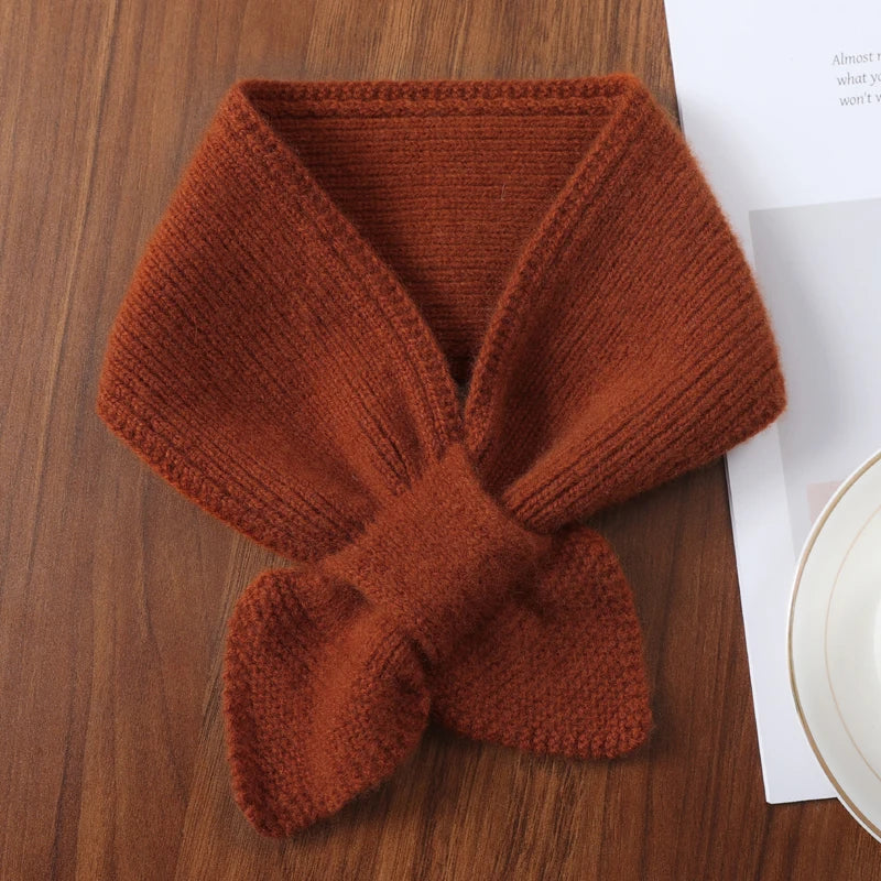 100%Wool Ring Scarf For Women Winter Bow Tie Small Cross Scarves Korea Fashion Fake Collar Soft Warm Neckchief Girl 14x70cm