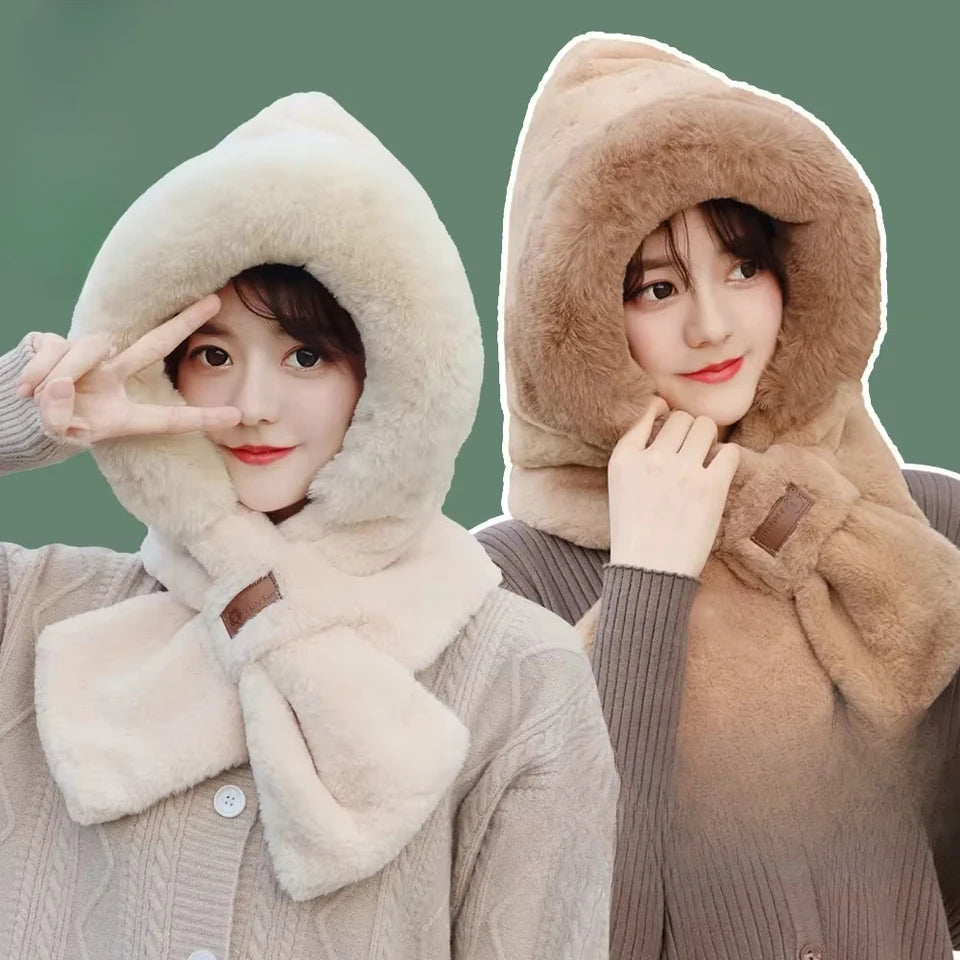 1 Piece of Winter New Hat Scarf One-piece Plush Hat for Women Cycling, Thickened and Plush Ear Protection, Cross Neck Warm Hat