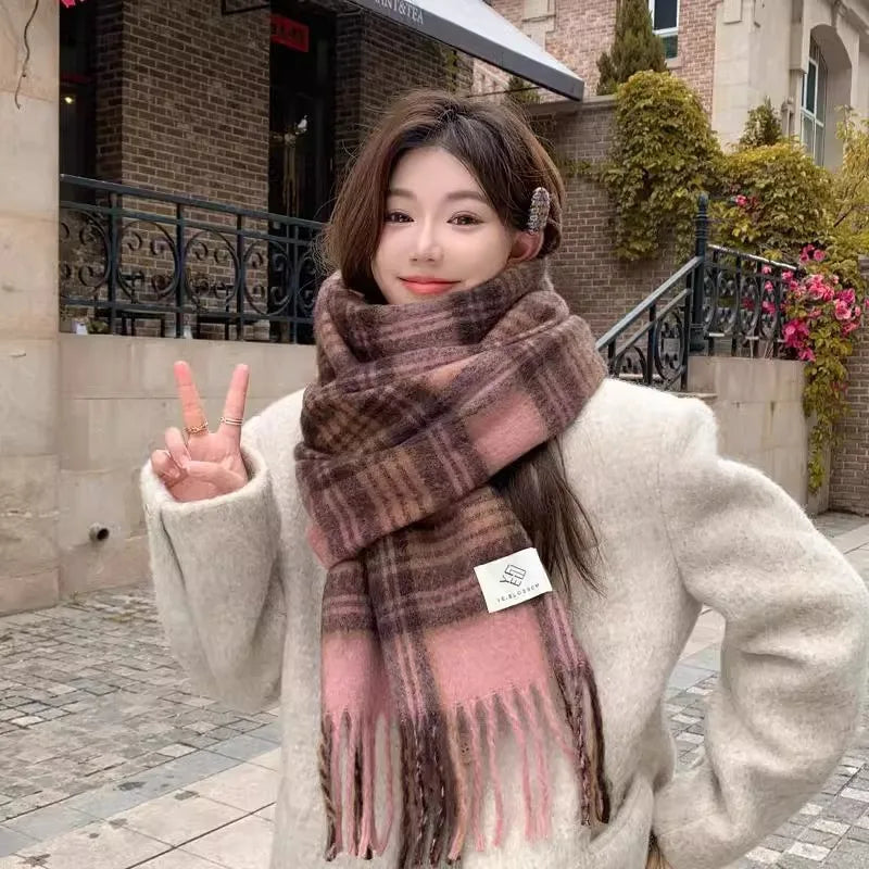 Purple Plaid Scarf Women's Autumn and Winter Korean Atmosphere Thickened and Kept Warm High-end Scarf Shawl Tide