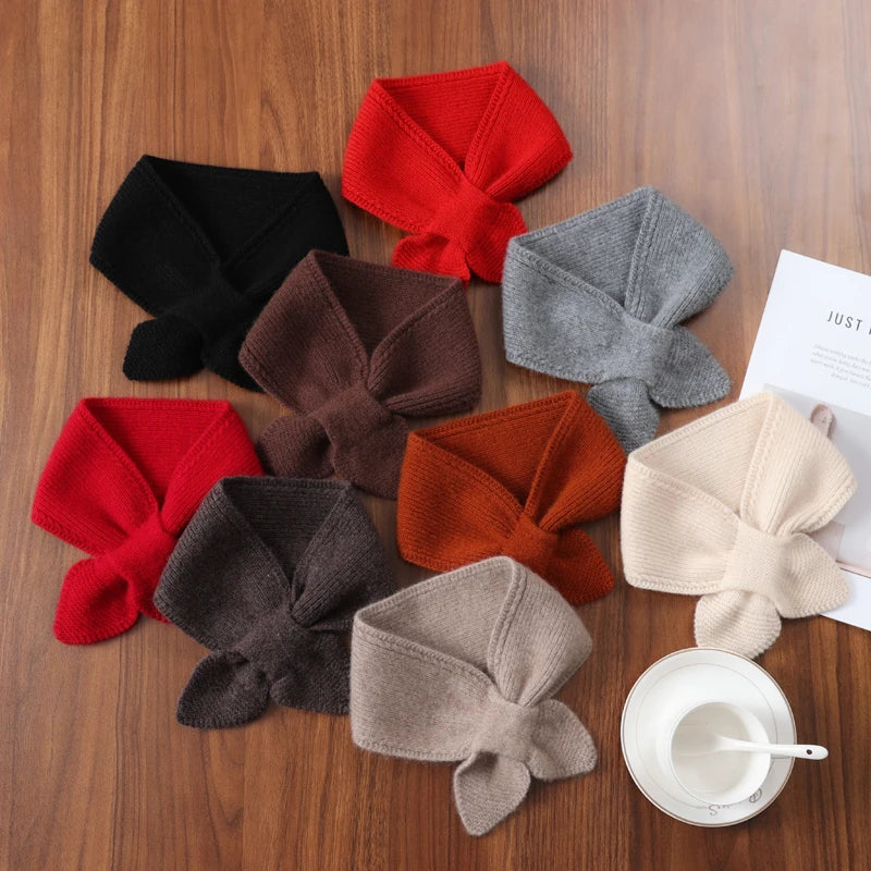 100%Wool Ring Scarf For Women Winter Bow Tie Small Cross Scarves Korea Fashion Fake Collar Soft Warm Neckchief Girl 14x70cm