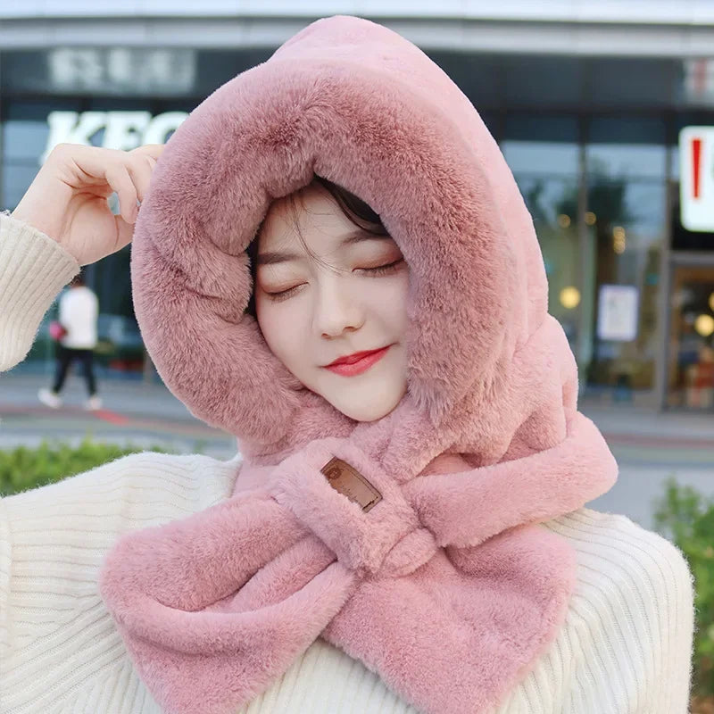 1 Piece of Winter New Hat Scarf One-piece Plush Hat for Women Cycling, Thickened and Plush Ear Protection, Cross Neck Warm Hat